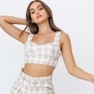 Le Lis Cream and Brown Checkered Crop Top